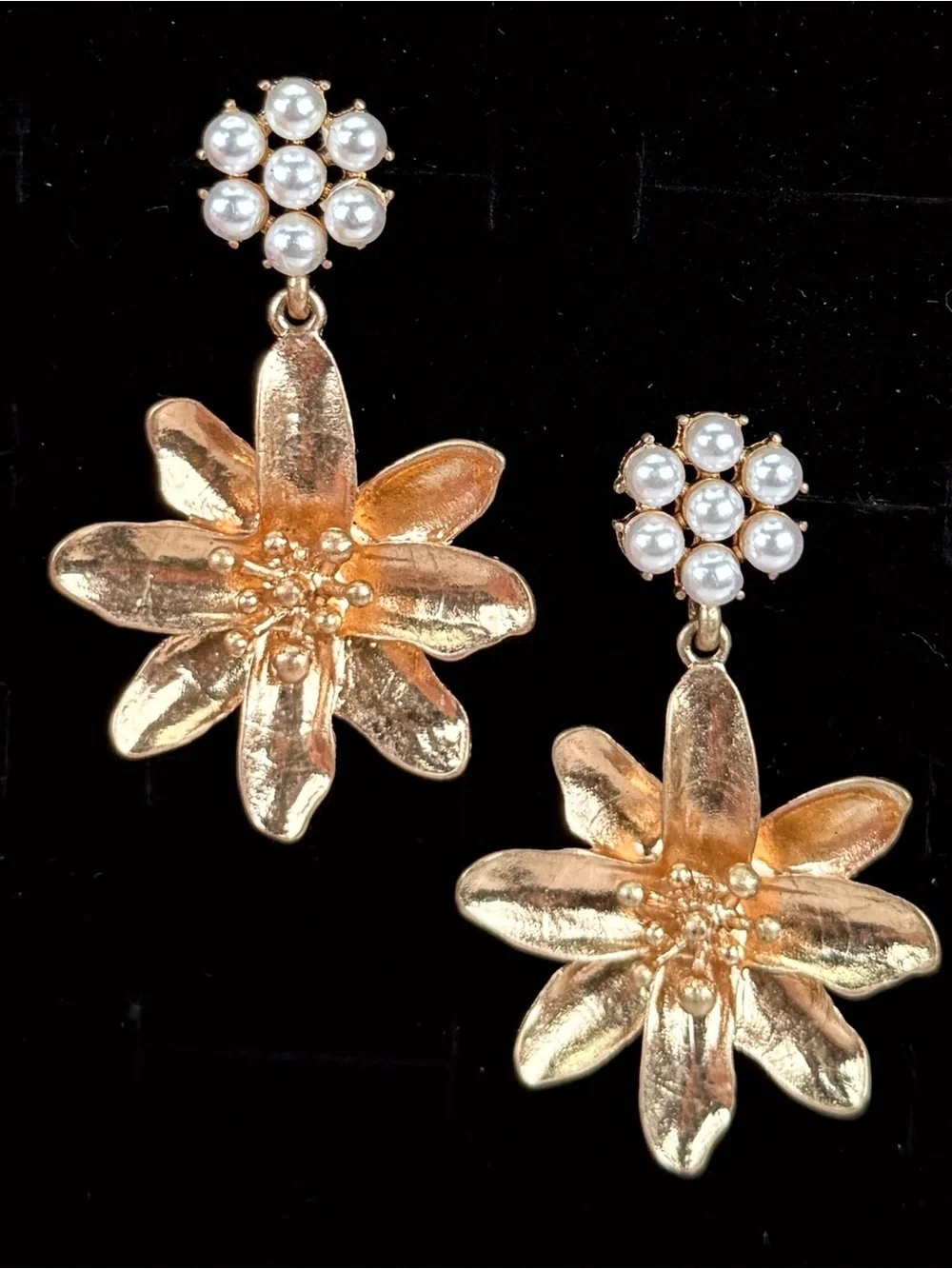 Goldtone Floral Flower Drop Pierced Earrings with Faux Pearl Clusters